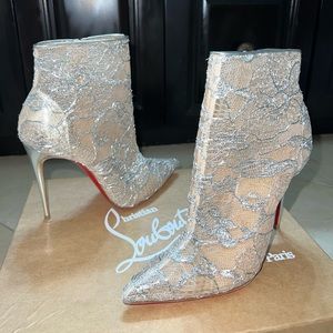 Christian Louboutin Gipsy Bootie Silver Metallic Lace Size 37.5